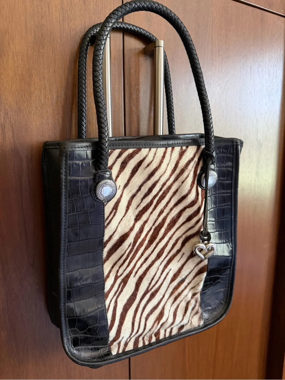 Brighton Black and Brown Zebra Haircalf Tote with Heart Charm